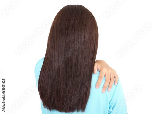 Woman having shoulder and neck pain on white background. Muscle painful due to myofascial pain syndrome, Scapular pain, Cervical spine. Health and medical concept.
