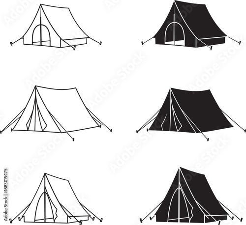 Collection of hand drawn camping tents in sketchy and silhouette styles