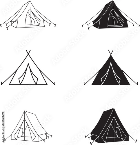 Collection of six hand drawn tent illustrations in outline and silhouette styles