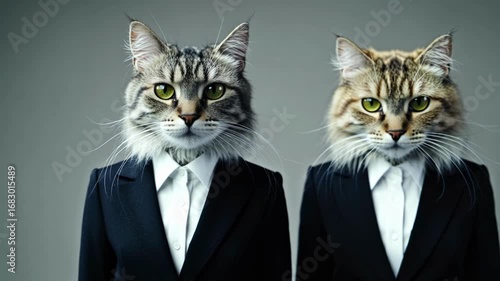 Business cats showcase generational change in style, confidence, and corporate culture in tailored suits at an urban office