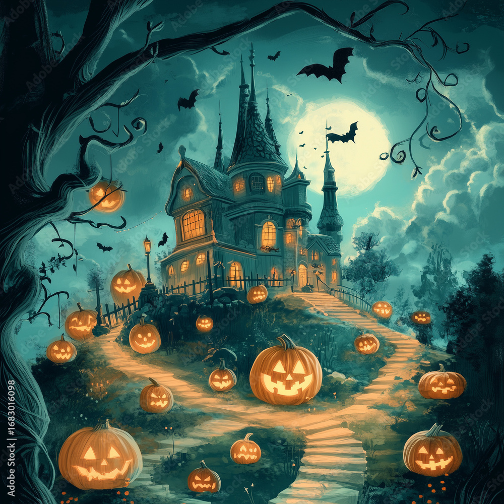 Fototapeta premium halloween, illustration, background, cover, night, scary, dark, october, celebration, spooky, haunted, horror, pumpkin, bat, house, moon, bats, card