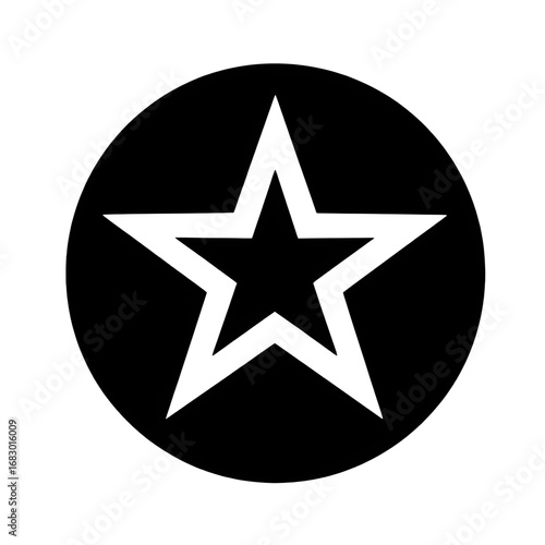 Iconic Starry Emblem: A striking black and white illustration showcasing a prominent, elegant five-pointed star, gracefully enclosed within a clean, circular frame.