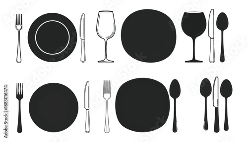 Black and white dinnerware set illustration