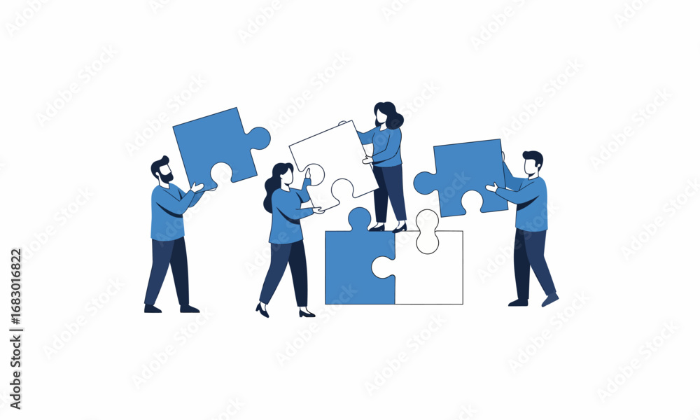 Obraz premium Diverse team collaboratively assembling a large jigsaw puzzle, symbolizing unity and shared goals.