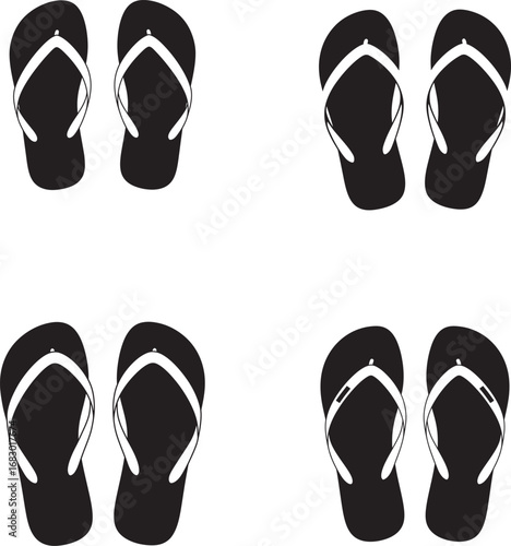 Four pairs of black flip flops arranged in a grid on a white background