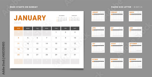 Set of 12 Pages Monthly Calendar Planner Templates with Logo Company on 2026 year. Vector mockup of wall or desktop organizer grid with the week start on Sunday ready print. Pages Letter -8.5x11 in