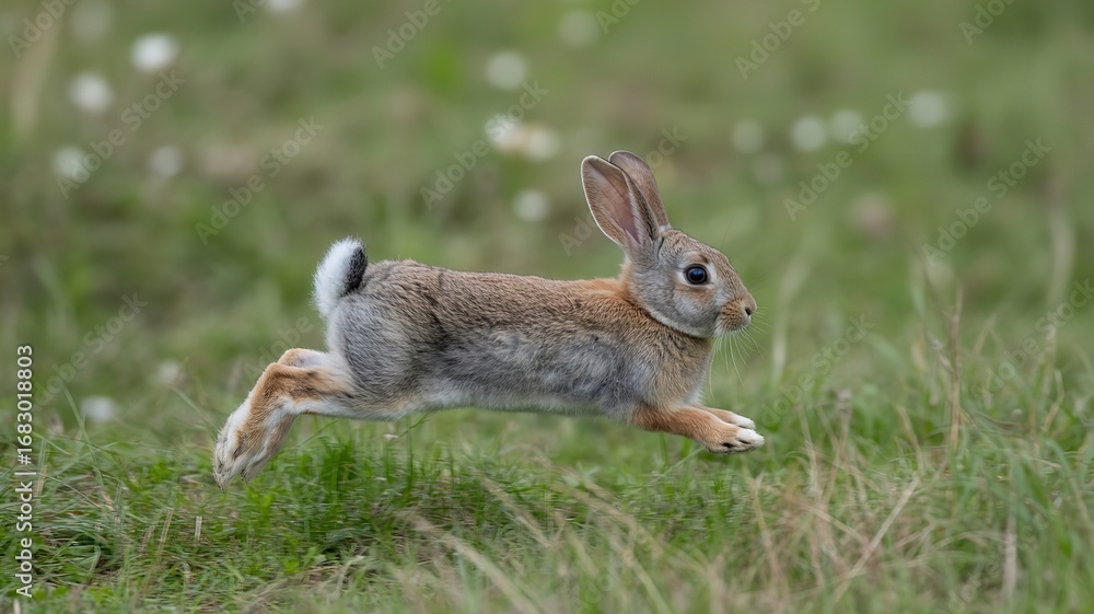 Fototapeta premium A brown rabbit with a white tail running through a field of green grass in a natural environment