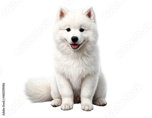 White Samoyed Dog Sitting Front View with Fluffy Tail Curled, Isolated on Transparent Background