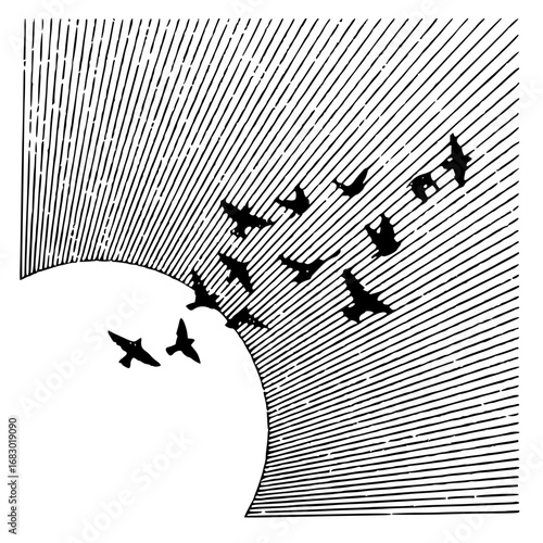 Graceful flock of birds soaring towards a radiant sunburst in a symbolic journey of freedom and hope
