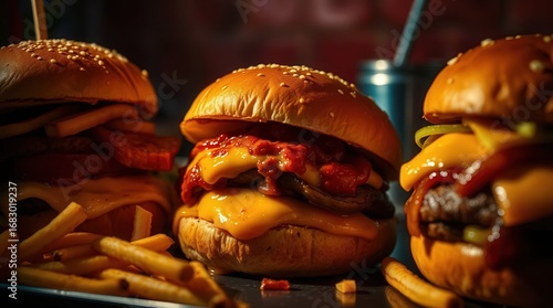 A juicy cheeseburger with beef patty, melted cheese, and fresh vegetables on a bun, served with a side of crispy fries