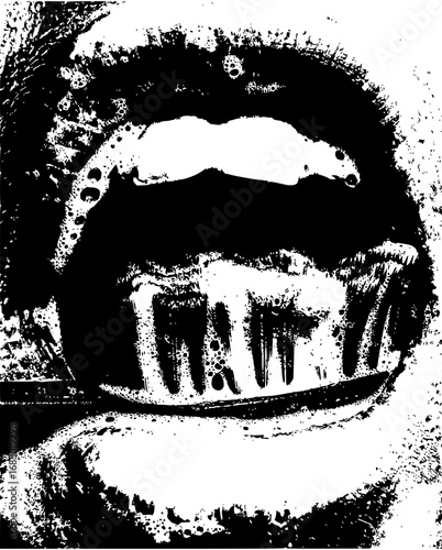 Close-up abstract macro view of mouth with toothpaste foam and toothbrush bristles
