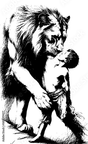 Majestic lion tenderly nuzzles a young boy, symbolizing strength and innocence in a powerful depiction.