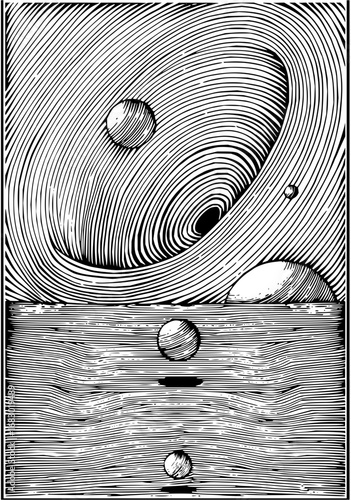 Abstract cosmic vortex pulls planets into gravitational singularity with ethereal reflection below