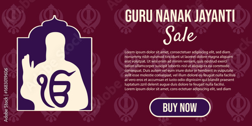 Guru Nanak Sale vector banner. Vector illustration of Guru Nanak deva one god symbol and Sale pattern with Button. Perfect indian Guru Nanak holiday Sale web banner. EPS 10
