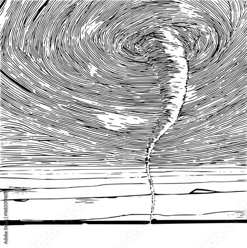 Dramatic tornado funnel cloud swirling across a stylized landscape, capturing nature's power