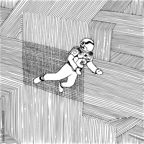 Astronaut floats through abstract geometric space, exploring new frontiers with wonder and determination