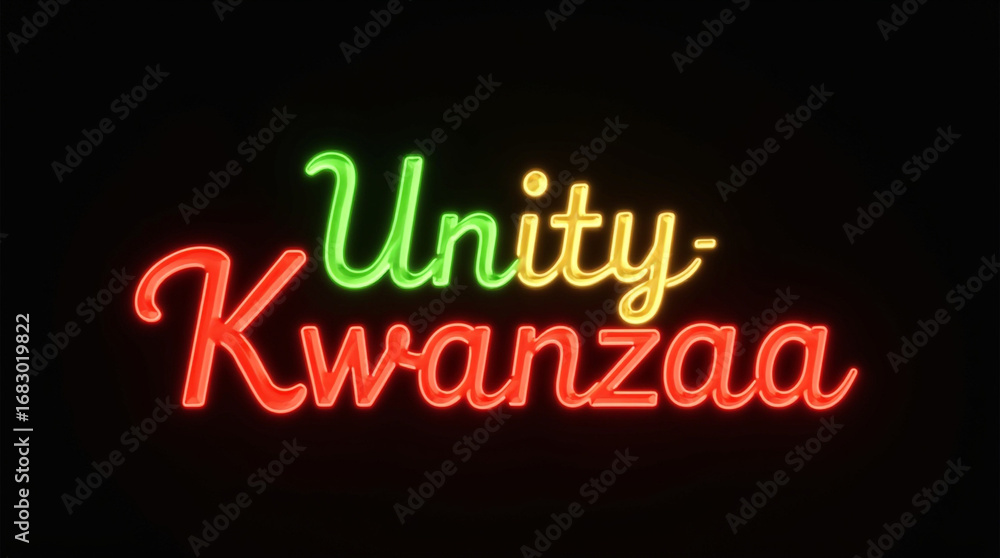 Obraz premium A vibrant neon sign displaying unity kwanzaa in a mix of red and green, symbolizing the cultural celebration of kwanzaa, set against a dark background to emphasize the glowing effect
