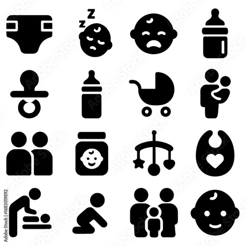 Newborn Essentials Collection: A carefully curated set of baby icons representing essential items, from feeding to care, presented in a striking vector style.