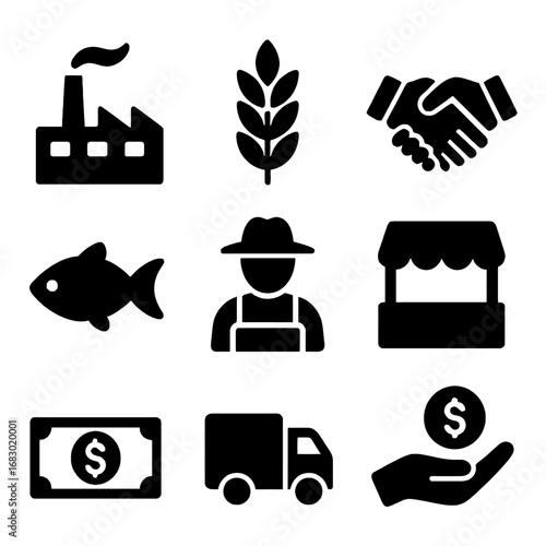 Agricultural Icons: A collection of illustrative agricultural icons representing diverse aspects of farming, industry and trade