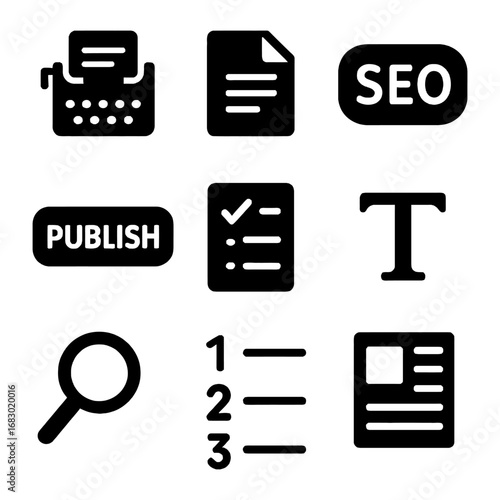 Content Creation Icons: A collection of sleek, monochrome icons representing essential tools for content creation and digital marketing, perfect for illustrating articles, presentations.