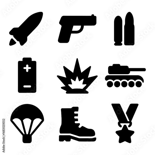 Warfare Arsenal Icons: Set of graphic icons depicting a range of weaponry, military equipment, and associated symbols, showcasing the tools and elements of combat.