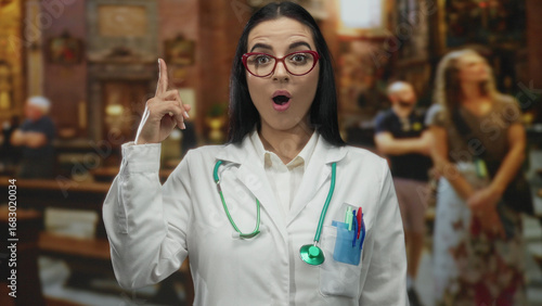 Φωτογραφία Hispanic woman doctor with stethoscope in a church pondering an idea, wearing glasses and white uniform, surrounded by churchgoers in an indoor setting