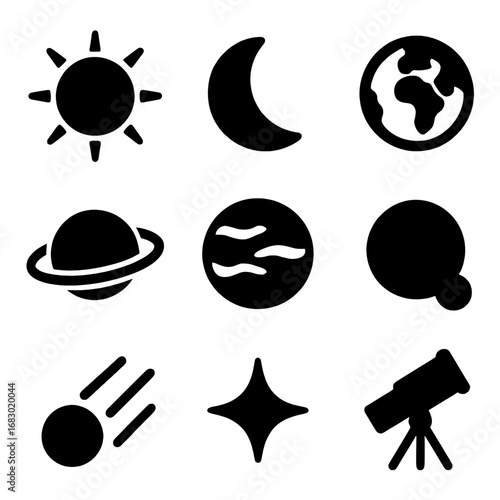 Celestial Bodies and Astronomical Tools: A visually striking collection of graphic illustrations of celestial bodies and astronomical tools, presented in a sleek black and white palette.
