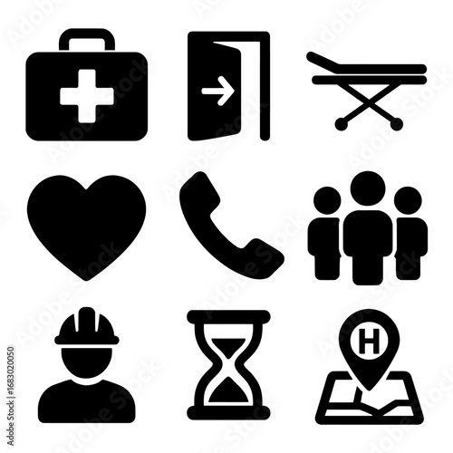 Emergency Icons: A collection of essential emergency symbols in a clean, minimalist design. These icons represent medical assistance and safety concepts for healthcare situations.