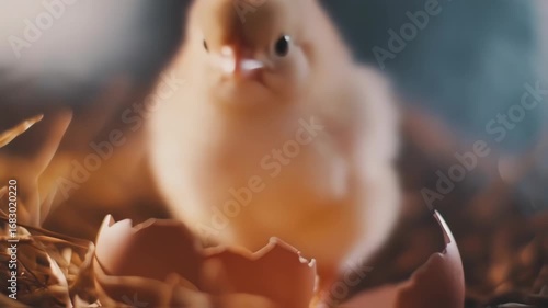 A newborn chick emerging from a cracked egg in a nest