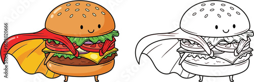  Super Burger Hero Coloring Page: Cute Cartoon Hamburger Character with Cape, Funny Fast Food Superhero Outline Drawing for Kids Activity Book, Kawaii Meal Clipart Vector Illustration