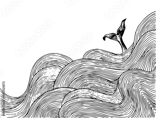 Majestic whale tail emerges from stylized ocean waves in dramatic linework art