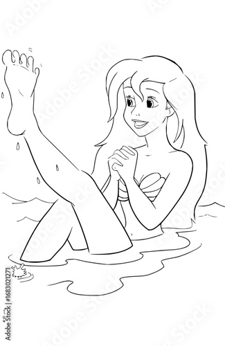 Joyful young mermaid splashes playfully in water with raised leg, captured in delightful line art