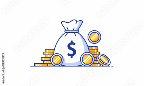 White Money Bag with Stacked Gold Coins and Scattered Coins.