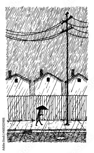 Solitary figure braves heavy rain under umbrella on a flooded street near houses and utility pole