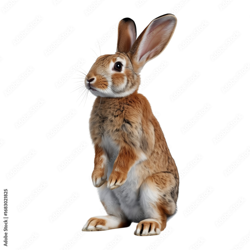Fototapeta premium A brown rabbit standing upright on its hind legs with its ears perked up against a black background