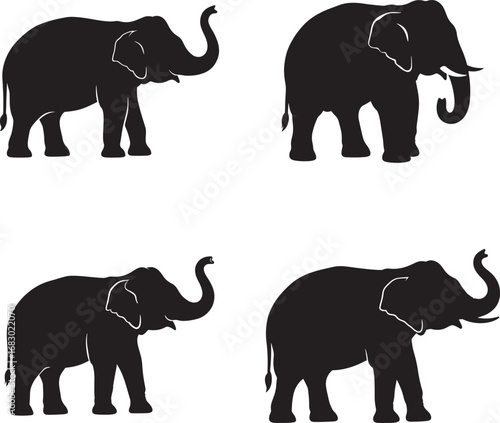 Four distinct black elephant silhouettes displayed against a white background