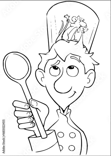 Whimsical chef with a charming rat companion atop his hat, holding a large spoon