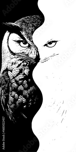 Striking black and white owl portrait with a dynamic yin yang split, symbolizing duality and wisdom