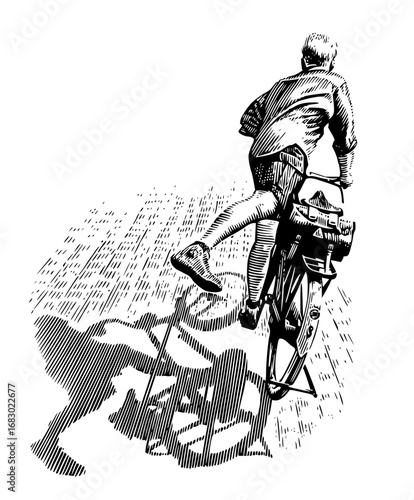 Dynamic cyclist pedals through sun-dappled streets, capturing freedom and movement.