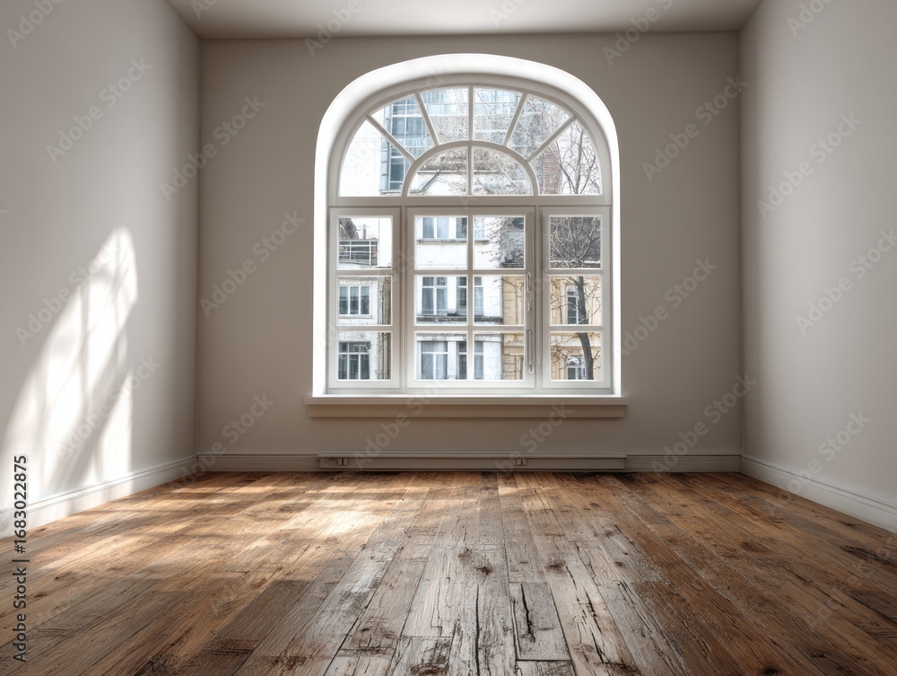 Obraz premium An empty room with a large arched window, showcasing a view of an urban neighborhood, and a warm wooden floor.