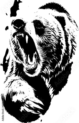 Fierce grizzly bear roaring with sharp teeth and intense gaze, a powerful symbol of nature's raw strength