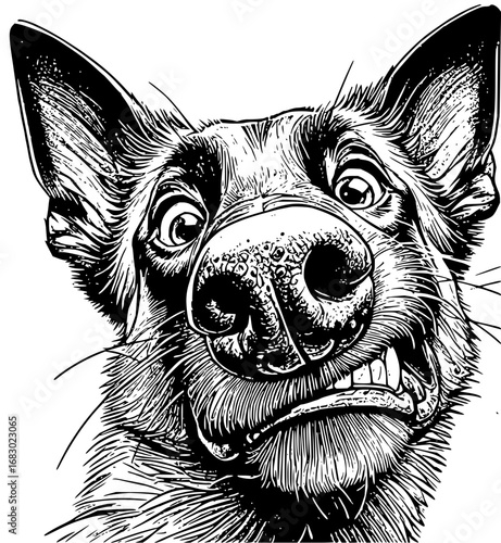 Hilarious close-up of a goofy dog with wide eyes and an open mouth showing teeth