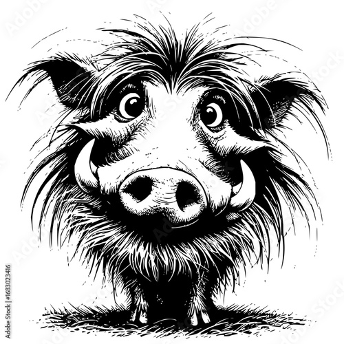 Whimsical cartoon warthog with big eyes and tusks captures attention with playful charm