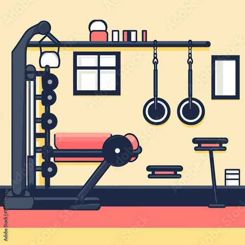 Minimalist flat vector illustration of gym interior with weight bench, gymnastic rings, kettlebell, dumbbells, and workout equipment in fitness studio room