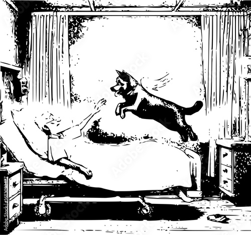 Joyful reunion as a happy dog leaps towards a delighted patient in a hospital room