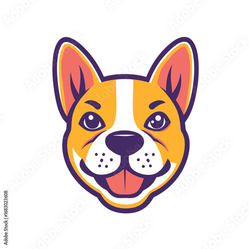 Happy smiling dog face mascot vector illustration with orange and white fur and pointy ears in flat colorful cartoon style on white background