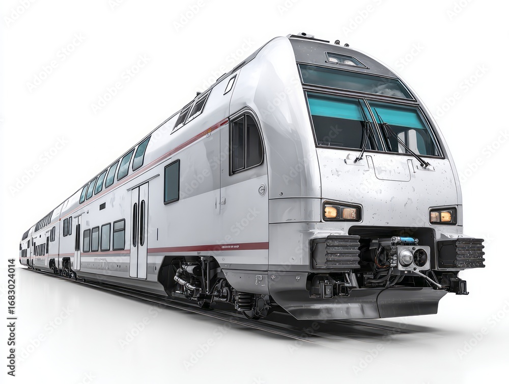 Naklejka premium A modern, light gray train, featuring multiple compartments and prominent red accents, is presented against a plain white background.