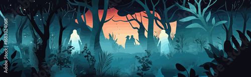 mystical forest spirits glowing silhouettes dense trees foggy eerie nighttime scene fantasy nature illustration digital art