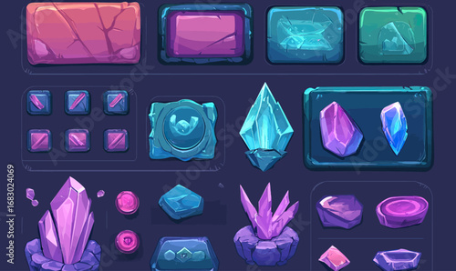 Cartoon fantasy crystal gems stones game UI elements set with colorful purple blue magic crystals buttons frames and interface icons in flat vector style