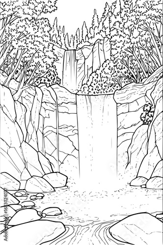 Majestic multi-tiered waterfall cascades down rocky cliffs surrounded by lush forest foliage and flowing water.